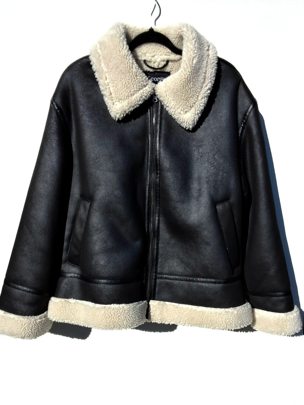 George Faux Leather Shearling Aviator Jacket - Black/Cream (Size XL)